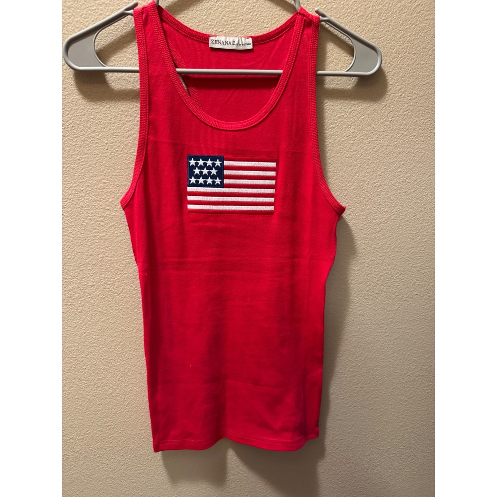 Zenana Red Ribbed American Flag Racerback Tank Top CT-3516 Medium